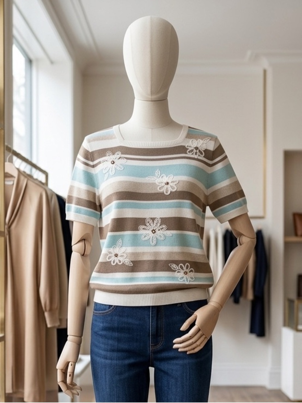 Alfred Dunner Striped Short-Sleeve Tee in Light Blue and Taupe